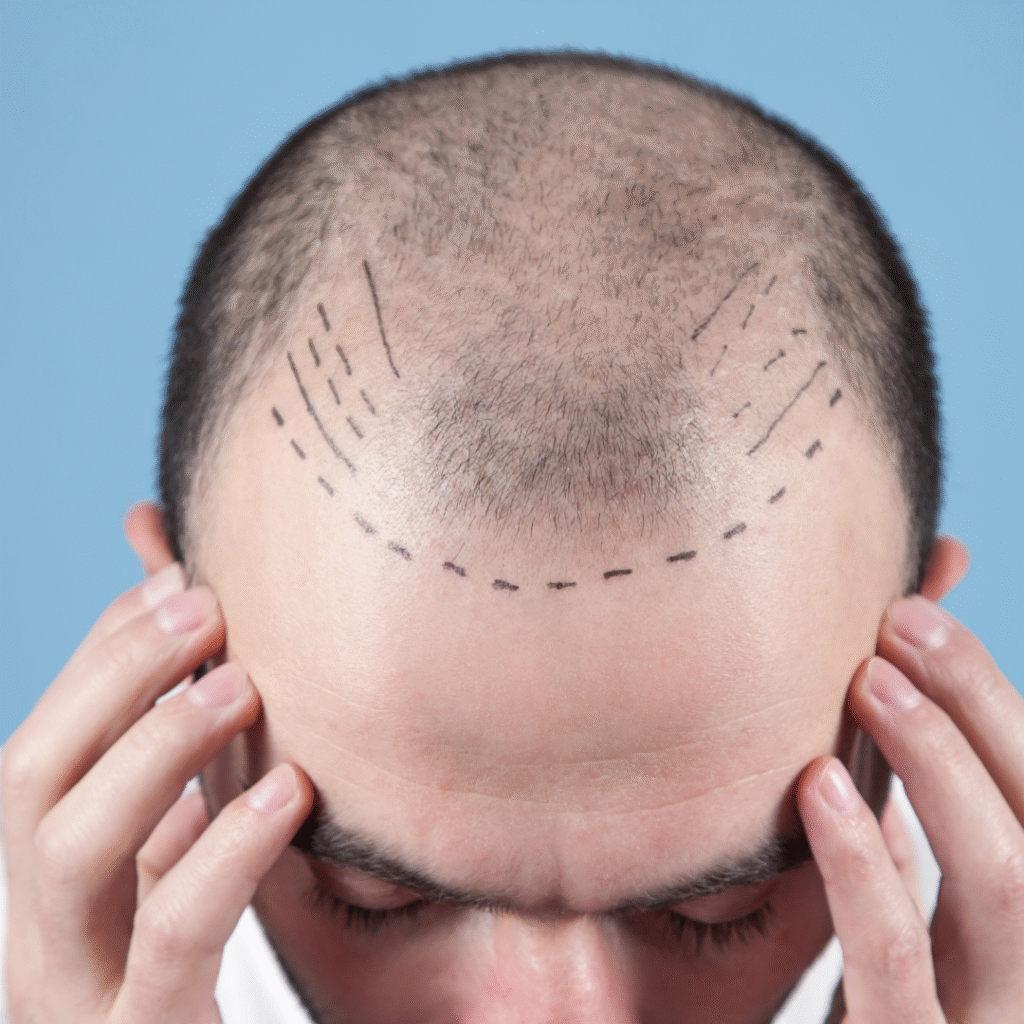 Hair transplant planning with hairline markings and graft direction lines before FUE or DHI procedure.